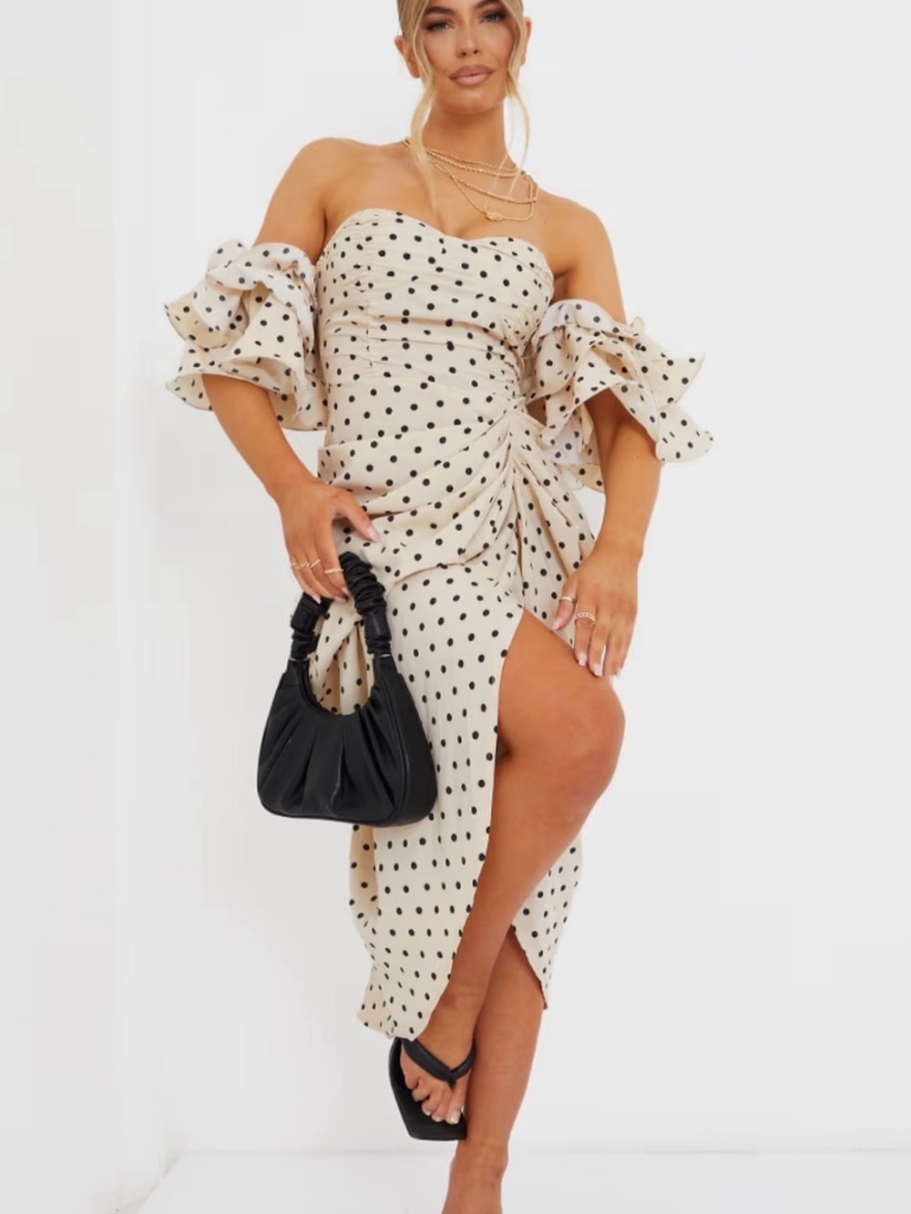 Polka Dot Off-Shoulder Ruffle Midi Dress in Cream